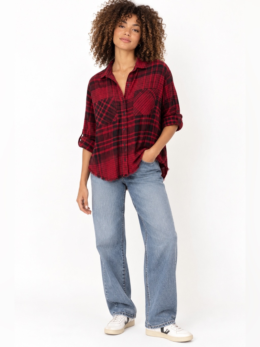 Cloth & Stone Red Black Plaid Raw Hem Button Down Shirt Size Medium